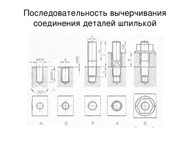 Последовательность вычерчивания соединения деталей шпилькой