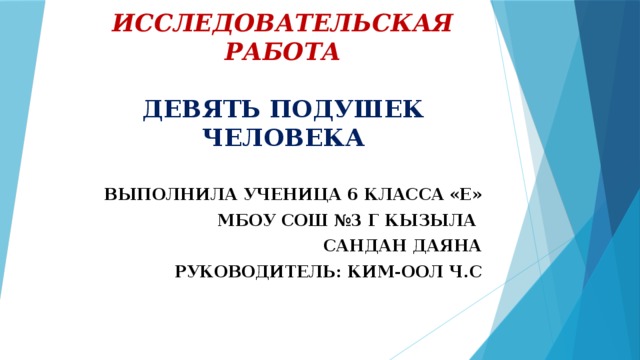 ИССЛЕДОВАТЕЛЬСКАЯ РАБОТА   ДЕВЯТЬ ПОДУШЕК ЧЕЛОВЕКА ВЫПОЛНИЛА УЧЕНИЦА 6 КЛАССА «Е» МБОУ СОШ №3 Г КЫЗЫЛА САНДАН ДАЯНА РУКОВОДИТЕЛЬ: КИМ-ООЛ Ч.С