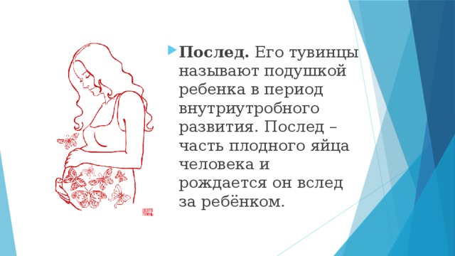 Послед. Его тувинцы называют подушкой ребенка в период внутриутробного развития. Послед – часть плодного яйца человека и рождается он вслед за ребёнком.