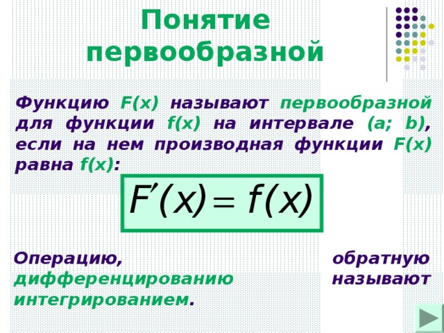 Понятие первообразной Функцию F(x)  называют первообразной для функции f(x) на интервале (a; b) , если на нем производная функции F(x) равна f(x) :  Операцию, обратную дифференцированию  называют интегрированием .