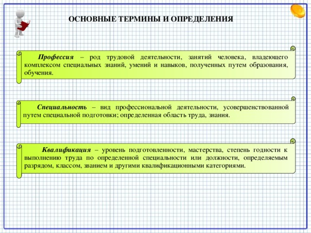 ОСНОВНЫЕ ТЕРМИНЫ И ОПРЕДЕЛЕНИЯ    Профессия  – род трудовой деятельности, занятий человека, владеющего комплексом специальных знаний, умений и навыков, полученных путем образования, обучения.  Специальность  – вид профессиональной деятельности, усовершенствованной путем специальной подготовки; определенная область труда, знания.   Квалификация  – уровень подготовленности, мастерства, степень годности к выполнению труда по определенной специальности или должности, определяемым разрядом, классом, званием и другими квалификационными категориями.