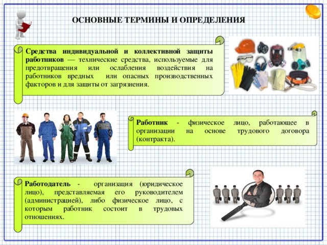 ОСНОВНЫЕ ТЕРМИНЫ И ОПРЕДЕЛЕНИЯ   Средства индивидуальной и коллективной защиты работников  — технические средства, используемые для предотвращения или ослабления воздействия на работников вредных или опасных производственных факторов и для защиты от загрязнения. Работник  - физическое лицо, работающее в организации на основе трудового договора (контракта). Работодатель  - организация (юридическое лицо), представляемая его руководителем (администрацией), либо физическое лицо, с которым работник состоит в трудовых отношениях.