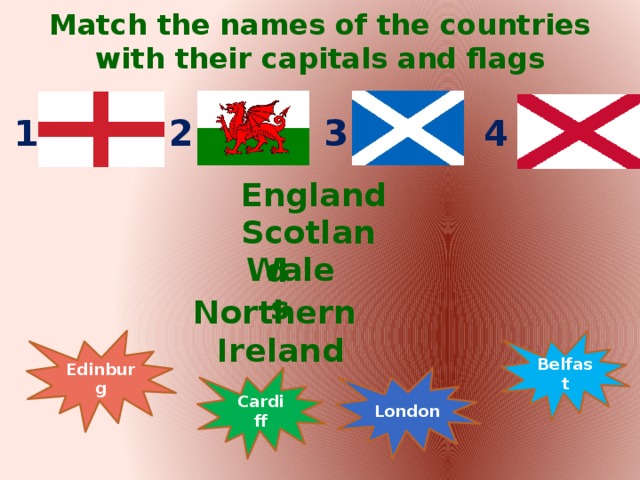 Match the names of the countries with their capitals and flags 1 3 4 2 England Scotland Wales Northern Ireland Edinburg Belfast London Cardiff