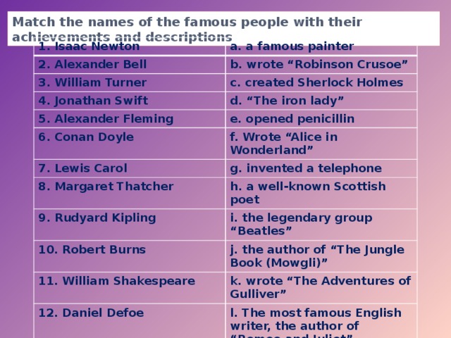 Match the names of the famous people with their achievements and descriptions 1. Isaac Newton a. a famous painter 2. Alexander Bell b. wrote “Robinson Crusoe” 3. William Turner c. created Sherlock Holmes 4. Jonathan Swift d. “The iron lady” 5. Alexander Fleming e. opened penicillin 6. Conan Doyle 7. Lewis Carol f. Wrote “Alice in Wonderland” g. invented a telephone 8. Margaret Thatcher h. a well-known Scottish poet 9. Rudyard Kipling i. the legendary group “Beatles” 10. Robert Burns j. the author of “The Jungle Book (Mowgli)” 11. William Shakespeare k. wrote “The Adventures of Gulliver” 12. Daniel Defoe l. The most famous English writer, the author of “Romeo and Juliet” 13. John Lennon, George Harrison, Paul McCartney, Ringo Starr m. opened the law of universal gravitation
