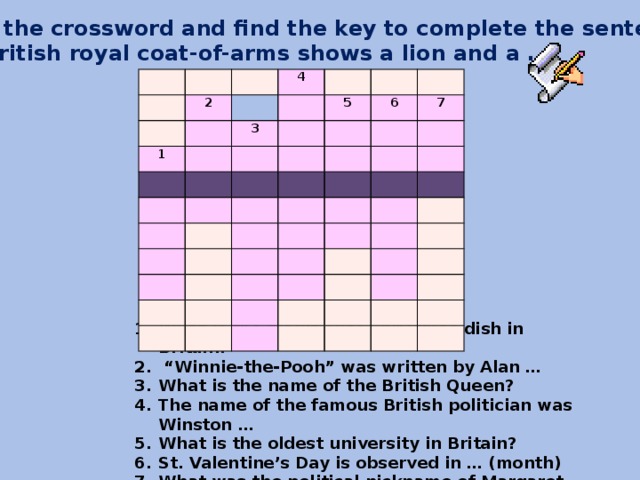 Solve the crossword and find the key to complete the sentence- The British royal coat-of-arms shows a lion and a … 2 4 1 3 5 6 7