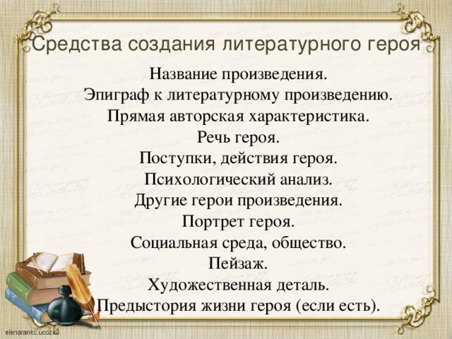 Средства создания литературного героя Название произведения. Эпиграф к литературному произведению. Прямая авторская характеристика. Речь героя. Поступки, действия героя. Психологический анализ. Другие герои произведения. Портрет героя. Социальная среда, общество. Пейзаж. Художественная деталь. Предыстория жизни героя (если есть).