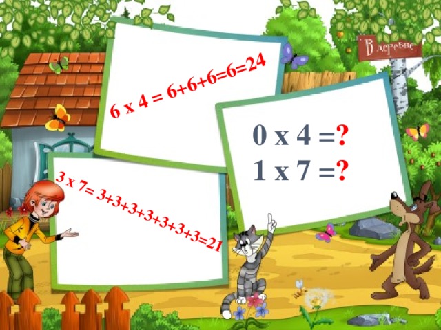 6 x 4 = 6+6+6=6=24 3 x 7= 3+3+3+3+3+3+3=21 0 x 4 = ? 1 x 7 = ?