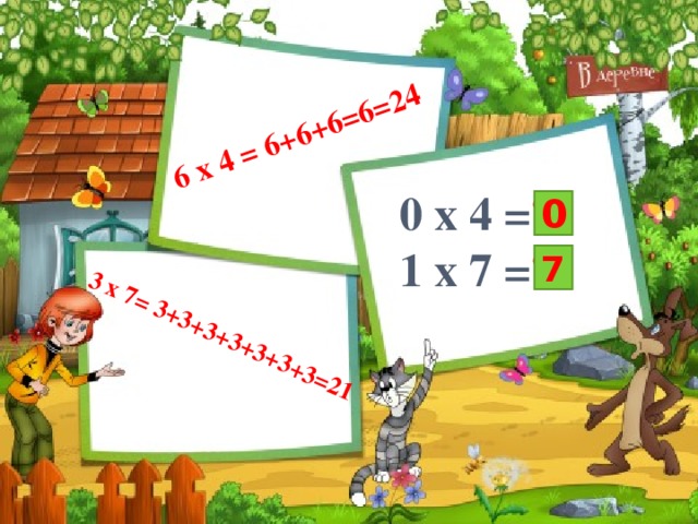 6 x 4 = 6+6+6=6=24 3 x 7= 3+3+3+3+3+3+3=21 0 x 4 = ? 1 x 7 = ? 0 7