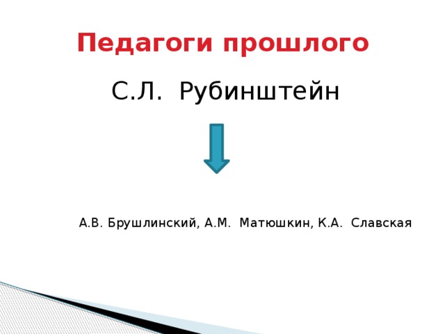 Педагоги прошлого С.Л. Рубинштейн А.В. Брушлинский, А.М. Матюшкин, К.А. Славская