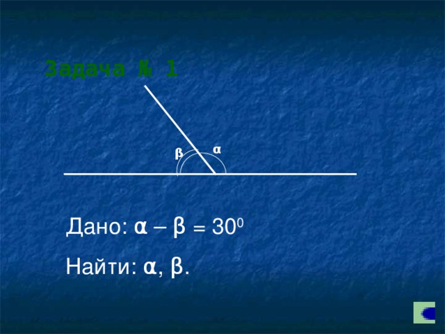Задача № 1 α β Дано: α – β = 30 0 Найти: α , β .