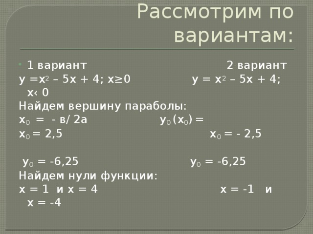 Рассмотрим по вариантам: 1 вариант 2 вариант у =х 2 – 5х + 4; х≥0 у = х 2 – 5х + 4; х‹ 0 Найдем вершину параболы: х 0 = - в/ 2а у 0 (х 0 )  = х 0 = 2,5 х 0 = - 2,5  у 0 = -6,25  у 0 = -6,25 Найдем нули функции: х = 1 и х = 4 х = -1 и х = -4