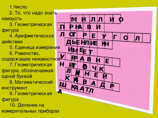 К В А Д Р А Т Т Р Е У Г О Л Ь Н И К Д Е Л Е Н И Е М Е Т Р У Р А В Н Е Н И Е Т О Ч К А Л И Н Е Й К А Ш К А Л А 1.Число 2. То, что надо знать наизусть 3. Геометрическая фигура 4. Арифметическое действие 5. Единица измерения 6. Равенство, содержащее неизвестное 7. Геометрическая фигура, обозначаемая одной буквой 8. Математический инструмент 9. Геометрическая фигура 10. Деление на измерительных приборах М И Л Л И О Н П Р А В И Л О