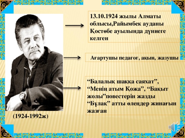 13.10.1924 жылы Алматы облысы,Райымбек ауданы Қостөбе ауылында дүниеге келген Ағартушы педагог, ақын, жазушы “ Балалық шаққа саяхат”, “Менің атым Қожа”, “Бақыт жолы”повестерін жазды “Бұлақ” атты өлеңдер жинағын жазған (1924-1992 ж)