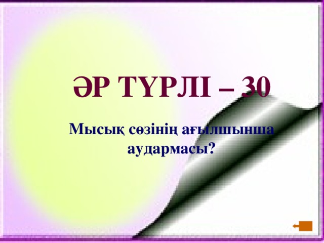 ӘР ТҮРЛІ – 30  Мысық сөзінің ағылшынша аудармасы?