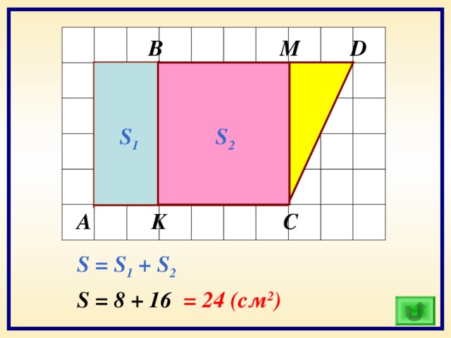 M В D S 2 S 1 K С А S = S 1 + S 2 S = 8 + 16 = 24 ( см 2 )
