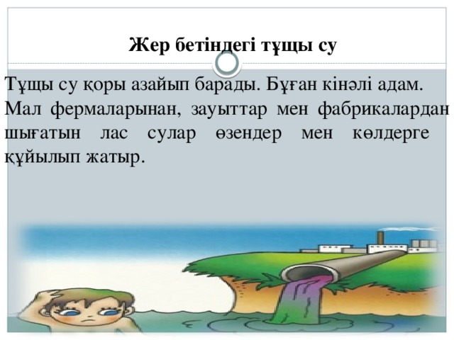 Жер бетіндегі тұщы су Тұщы су қоры азайып барады. Бұған кінәлі адам. Мал фермаларынан, зауыттар мен фабрикалардан шығатын лас сулар өзендер мен көлдерге  құйылып жатыр.