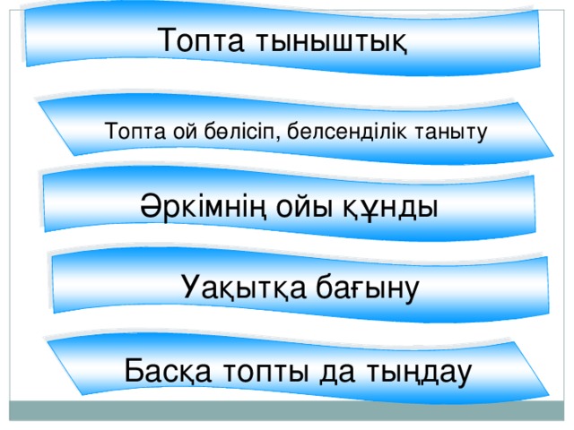 Топта тыныштық Топта ой бөлісіп, белсенділік таныту Әркімнің ойы құнды Уақытқа бағыну Басқа топты да тыңдау