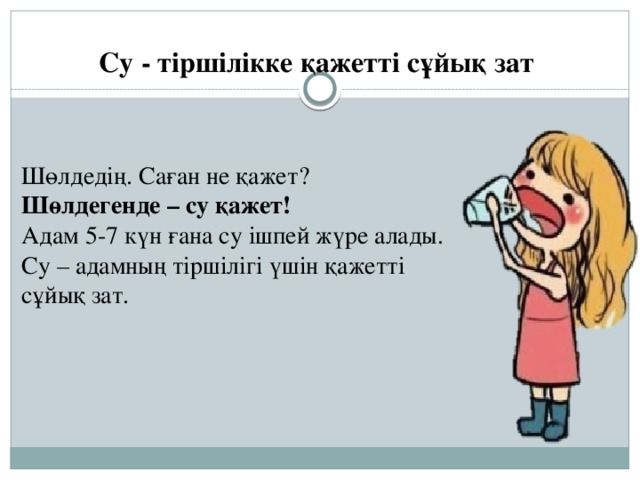 Су - тіршілікке қажетті сұйық зат Шөлдедің. Саған не қажет? Шөлдегенде – су қажет! Адам 5-7 күн ғана су ішпей жүре алады. Су – адамның тіршілігі үшін қажетті сұйық зат.