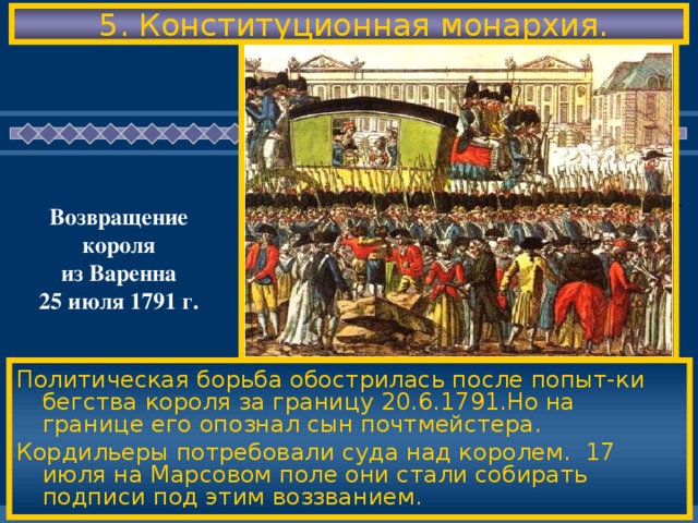 5. Конституционная монархия. Возвращение короля из Варенна 25 июля 1791 г. Политическая борьба обострилась после попыт-ки бегства короля за границу 20.6.1791.Но на границе его опознал сын почтмейстера. Кордильеры потребовали суда над королем. 17 июля на Марсовом поле они стали собирать подписи под этим воззванием.