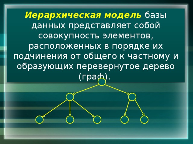 Иерархическая модель базы данных представляет собой совокупность элементов, расположенных в порядке их подчинения от общего к частному и образующих перевернутое дерево (граф). 