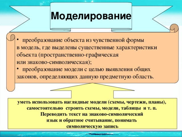 Моделирование  преобразование объекта из чувственной формы в модель, где выделены существенные характеристики объекта (пространственно-графическая или знаково-символическая);  преобразование модели с целью выявления общих законов, определяющих данную предметную область. уметь использовать наглядные модели (схемы, чертежи, планы), самостоятельно строить схемы, модели, таблицы и т. п. Переводить текст на знаково-символический язык и обратное считывание, понимать символическую запись