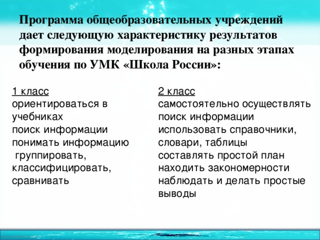 Программа общеобразовательных учреждений дает следующую характеристику результатов формирования моделирования на разных этапах обучения по УМК «Школа России»: 1 класс 2 класс ориентироваться в учебниках самостоятельно осуществлять поиск информации использовать справочники, словари, таблицы поиск информации составлять простой план понимать информацию находить закономерности  группировать, классифицировать, сравнивать наблюдать и делать простые выводы