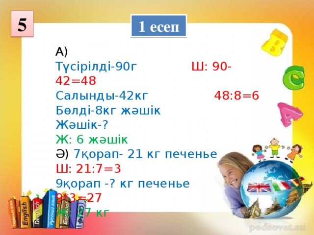 5  1 есеп А) Түсірілді-90г  Ш: 90-42=48 Салынды-42кг  48:8=6 Бөлді-8кг жәшік Жәшік-? Ж: 6 жәшік Ә) 7қорап- 21 кг печенье  Ш: 21:7=3 9қорап -? кг  печенье  9*3=27 Ж: 27 кг