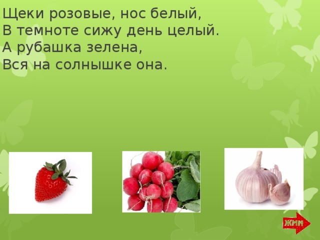 Щеки розовые, нос белый,  В темноте сижу день целый.  А рубашка зелена,  Вся на солнышке она.