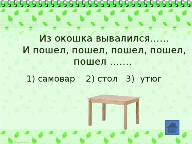 Из окошка вывалился…… И пошел, пошел, пошел, пошел, пошел ……. 1) самовар 2) стол 3) утюг