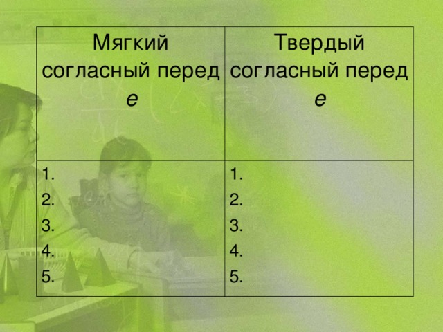 Мягкий согласный перед е Твердый согласный перед е 1. 2. 3. 4. 5. 1. 2. 3. 4. 5.