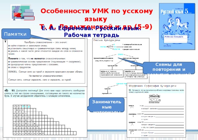 Особенности УМК по усскому языку Т. А. Ладыженской и др.(5-9) Е. А. Ефремова. Русский язык. Рабочая тетрадь Памятки Схемы для повторения и развития научной речи Занимательные  материалы