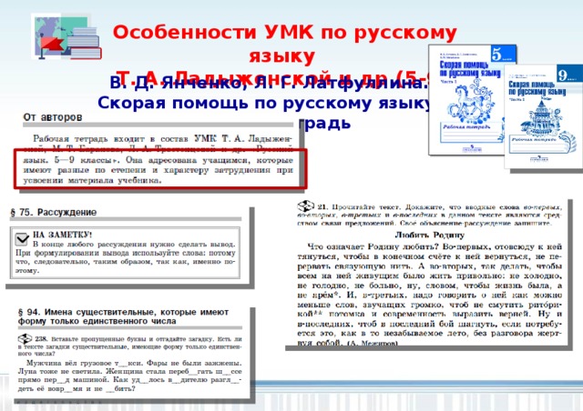 Особенности УМК по русскому языку Т. А. Ладыженской и др.(5-9) В. Д. Янченко, Л. Г. Латфуллина. Скорая помощь по русскому языку. Рабочая тетрадь