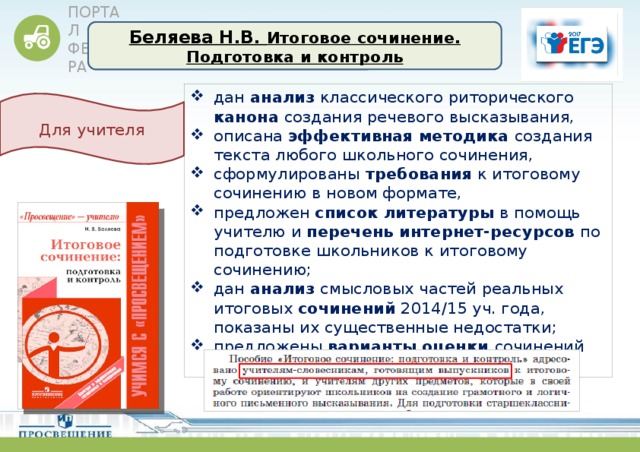 Беляева Н.В. Итоговое сочинение. Подготовка и контроль дан анализ классического риторического канона создания речевого высказывания, описана эффективная методика создания текста любого школьного сочинения, сформулированы требования к итоговому сочинению в новом формате, предложен список литературы в помощь учителю и перечень интернет-ресурсов по подготовке школьников к итоговому сочинению; дан анализ смысловых частей реальных итоговых сочинений 2014/15 уч. года, показаны их существенные недостатки; предложены варианты оценки сочинений по критериям ФИПИ Для учителя  