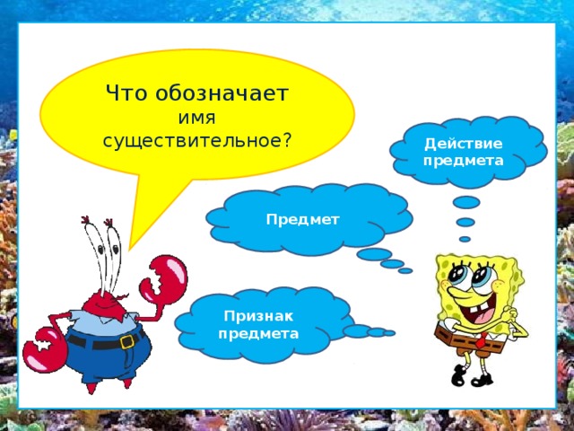 Что обозначает имя существительное? Действие предмета Предмет Признак предмета