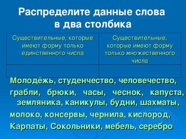 Имена существительные которые имеют форму только единственного числа 5 класс презентация