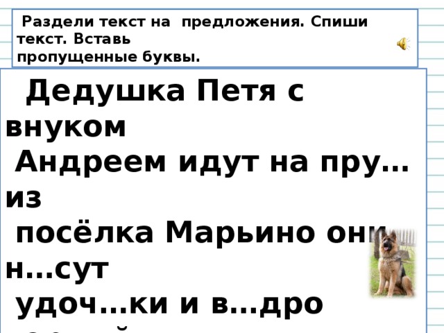 Раздели текст на предложения. Спиши текст. Вставь пропущенные буквы.  Дедушка Петя с внуком  Андреем идут на пру… из  посёлка Марьино они н…сут  удоч…ки и в…дро верный  дру… собака Амур б…жит  рядом.