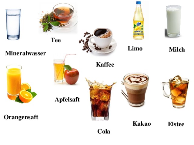 Tee Limo Milch Mineralwasser Kaffee Apfelsaft Orangensaft Kakao Eistee Cola