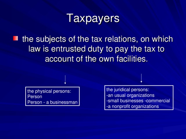 Taxpayers  the subjects of the tax relations, on which law is entrusted duty to pay the tax to account of the own facilities. the juridical persons: -an usual organizations -small businesses -commercial -a nonprofit organizations the physical persons: Person Person - a businessman