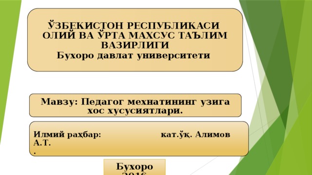 ЎЗБЕКИСТОН РЕСПУБЛИКАСИ ОЛИЙ ВА ЎРТА МАХСУС ТАЪЛИМ ВАЗИРЛИГИ Бухоро давлат университети   Мавзу: Педагог мехнатининг узига хос хусусиятлари.     Илмий раҳбар:  кат.ўқ. Алимов А.Т. .  Бухоро 2016