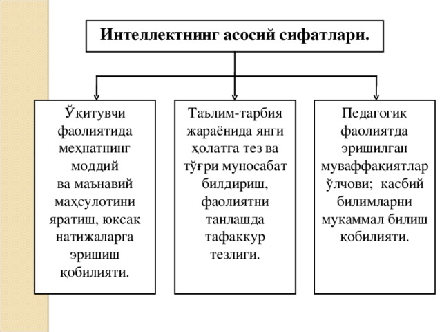 Интеллектнинг асосий сифатлари. Ўқитувчи фаолиятида меҳнатнинг моддий ва маънавий маҳсулотини яратиш, юксак натижаларга эришиш қобилияти. Таълим-тарбия жараёнида янги ҳолатга тез ва тўғри муносабат билдириш, фаолиятни танлашда тафаккур тезлиги. Педагогик фаолиятда эришилган муваффақиятлар ўлчови; касбий билимларни мукаммал билиш қобилияти.