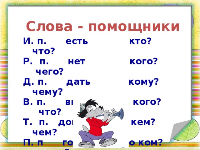 Слова - помощники И. п. есть кто? что? Р. п. нет кого? чего? Д. п. дать кому? чему? В. п. вижу кого? что? Т. п. доволен кем? чем? П. п говорю о ком? о чем?