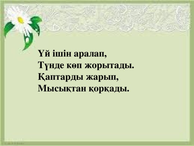 Үй ішін аралап, Түнде көп жорытады. Қаптарды жарып, Мысықтан қорқады.