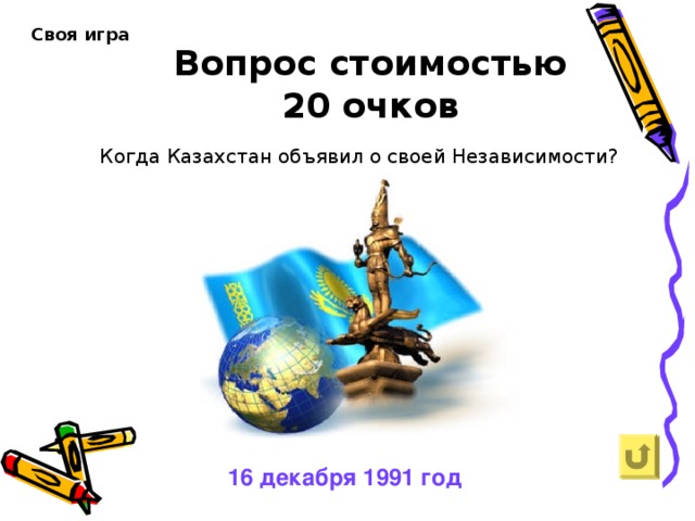 Своя игра  Вопрос стоимостью  20 очков Когда Казахстан объявил о своей Независимости? Когда Казахстан объявил о своей Независимости? 16 декабря 1991 год