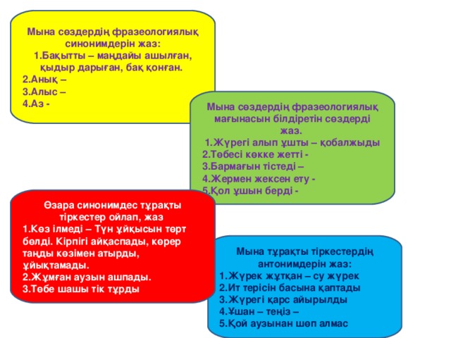 Мына сөздердің фразеологиялық синонимдерін жаз: Бақытты – маңдайы ашылған, қыдыр дарыған, бақ қонған. Анық – Алыс – Аз - Мына сөздердің фразеологиялық мағынасын білдіретін сөздерді жаз. Жүрегі алып ұшты – қобалжыды Төбесі көкке жетті - Бармағын тістеді – Жермен жексен ету - Қол ұшын берді - Өзара синонимдес тұрақты тіркестер ойлап, жаз Көз ілмеді – Түн ұйқысын төрт бөлді. Кірпігі айқаспады, көрер таңды көзімен атырды, ұйықтамады. Жұмған аузын ашпады. Төбе шашы тік тұрды Мына тұрақты тіркестердің антонимдерін жаз: