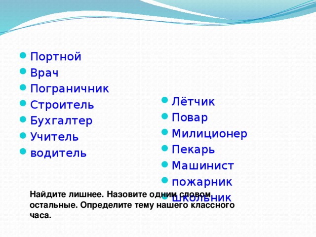 Портной Врач Пограничник Строитель Бухгалтер Учитель водитель Лётчик Повар Милиционер Пекарь Машинист пожарник школьник