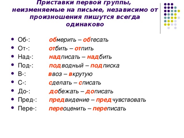 Приставки первой группы,  неизменяемые на письме, независимо от произношения пишутся всегда одинаково Об-: об мерить – об тесать От-: от бить – от пить Над-: над писать – над бить Под-: под водный – под писка В-: в воз – в крутую С-: с делать – с писать До-: до бежать – до писать Пред-: пред видение – пред чувствовать Пере-: пере оценить – пере писать