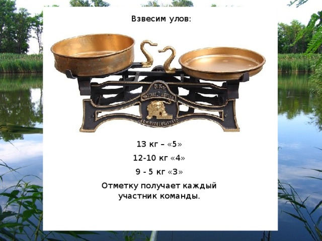 Взвесим улов: 13 кг – «5» 12-10 кг «4» 9 - 5 кг «3» Отметку получает каждый участник команды.