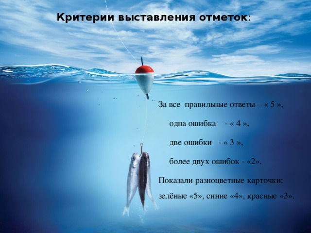 Критерии выставления отметок : За все правильные ответы – « 5 »,  одна ошибка - « 4 »,  две ошибки - « 3 »,  более двух ошибок - «2». Показали разноцветные карточки: зелёные «5», синие «4», красные «3».