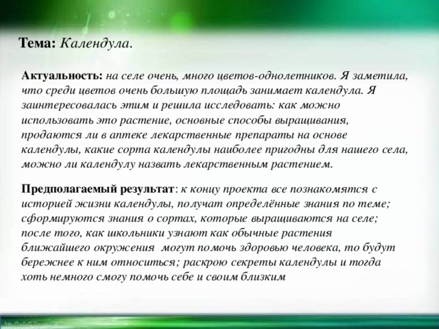 Тема:  Календула. Актуальность:  на селе очень, много цветов-однолетников. Я заметила, что среди цветов очень большую площадь занимает календула. Я заинтересовалась этим и решила исследовать: как можно использовать это растение, основные способы выращивания, продаются ли в аптеке лекарственные препараты на основе календулы, какие сорта календулы наиболее пригодны для нашего села, можно ли календулу назвать лекарственным растением. Предполагаемый результат : к концу проекта все познакомятся с историей жизни календулы, получат определённые знания по теме; сформируются знания о сортах, которые выращиваются на селе; после того, как школьники узнают как обычные растения ближайшего окружения могут помочь здоровью человека, то будут бережнее к ним относиться; раскрою секреты календулы и тогда хоть немного смогу помочь себе и своим близким