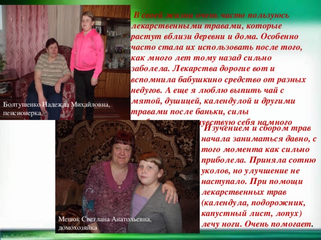 Болтушенко Надежда Михайловна, пенсионерка.  В своей жизни очень часто пользуюсь лекарственными травами, которые растут вблизи деревни и дома. Особенно часто стала их использовать после того, как много лет тому назад сильно заболела. Лекарства дорогие вот и вспомнила бабушкино средство от разных недугов. А еще я люблю выпить чай с мятой, душицей, календулой и другими травами после баньки, силы прибавляются, чувствую себя намного лучше  Изучением и сбором трав начала заниматься давно, с того момента как сильно приболела. Приняла сотню уколов, но улучшение не наступало. При помощи лекарственных трав (календула, подорожник, капустный лист, лопух) лечу ноги. Очень помогает . Мешок Светлана Анатольевна, домохозяйка